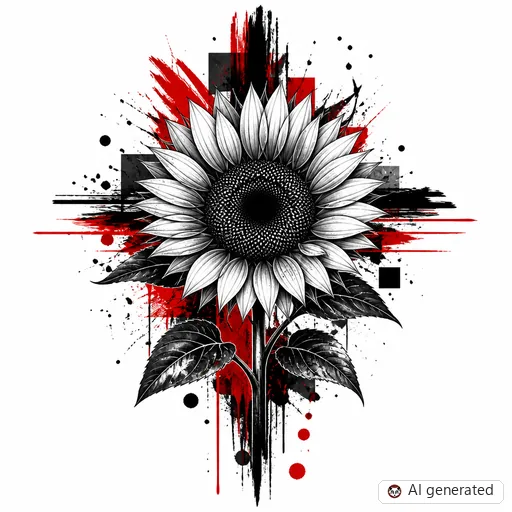 Sunflower tattoo design in Trash Polka style
