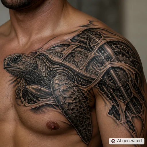 Turtle tattoo design in Biomechanical style