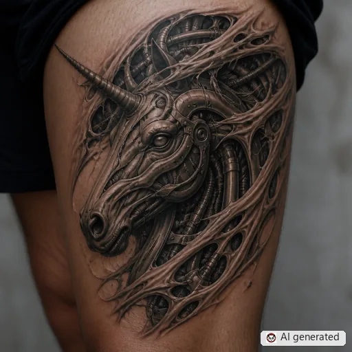 Unicorn tattoo design in Biomechanical style