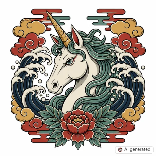 Einhorn-Tattoo-Entwurf im Stil Japanisch (Irezumi)