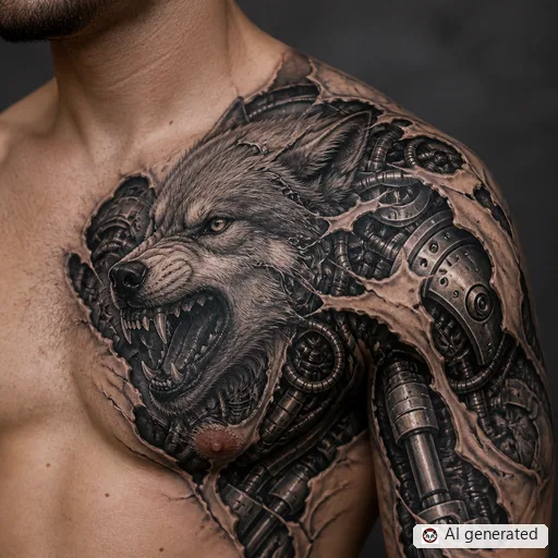 Wolf tattoo design in Biomechanical style